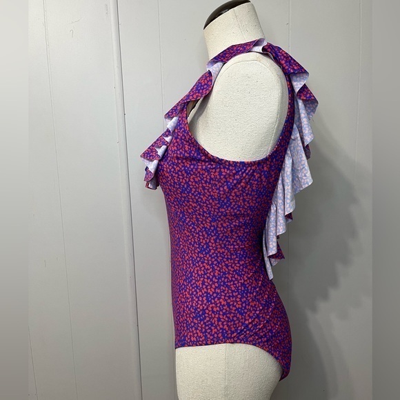 J.Crew one piece ruffle low back blue with small red leaf pattern size 8 - Picture 7 of 12